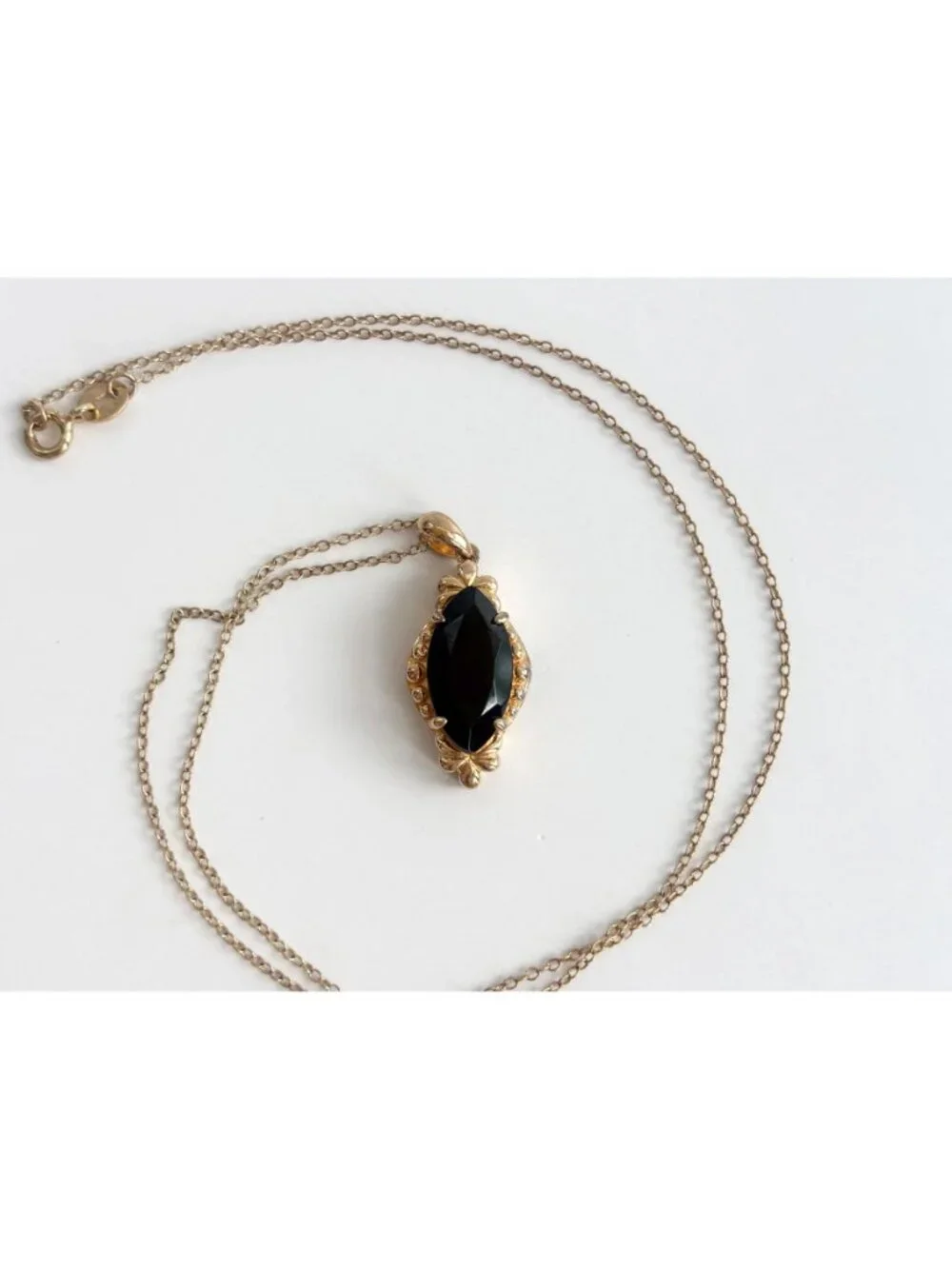 Onyx Marquise Cut Vermeil Sterling Silver 925 Vintage Pendant Necklace - 18